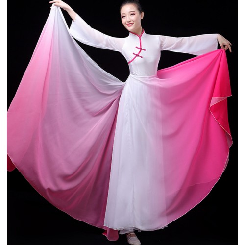 Women's hanfu blue green pink gradient  girls chinese folk dance costumes stage performance umbrella fan dance costumes dress